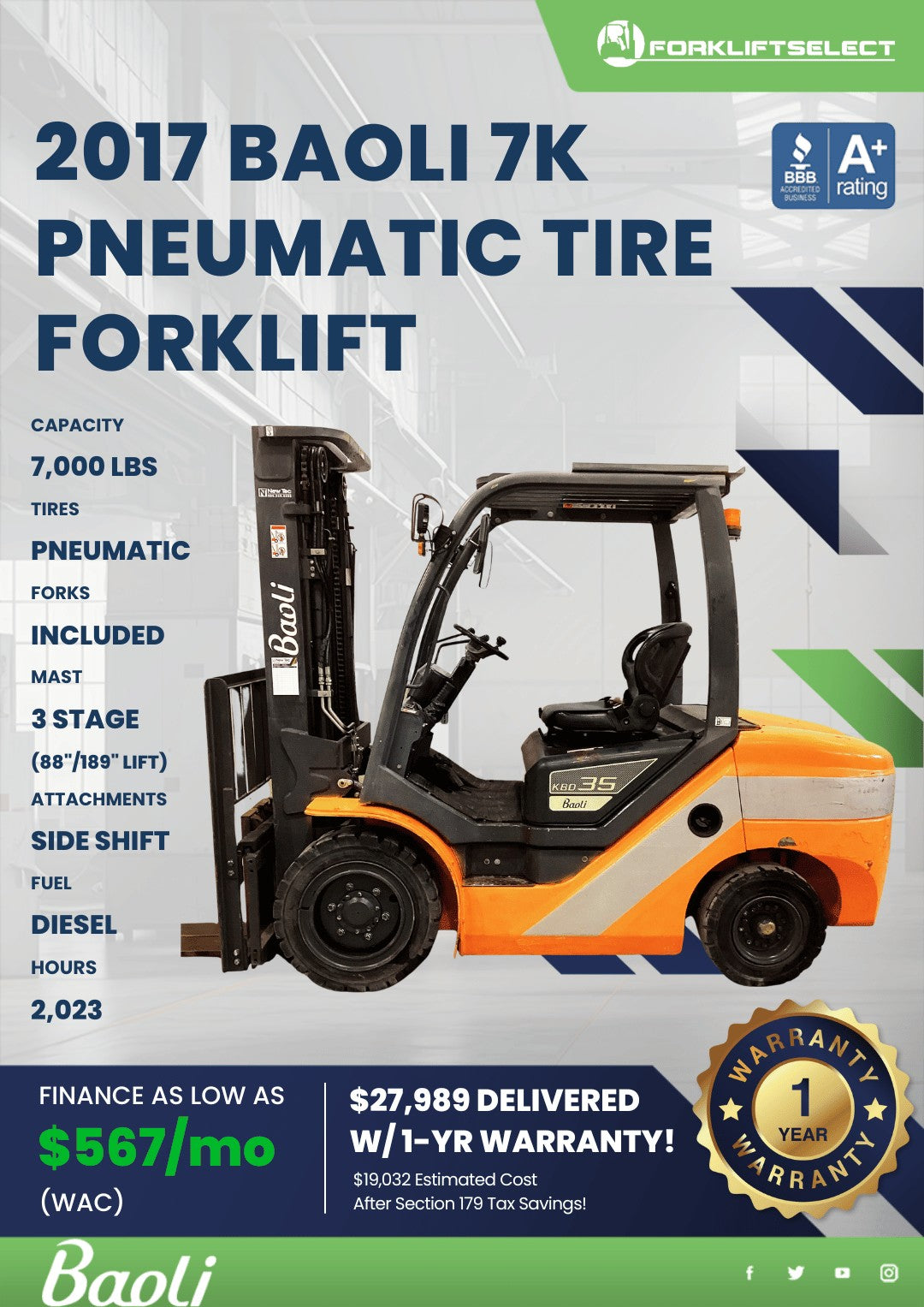 2017 Baoli 7K Pneumatic Tire Forkli...