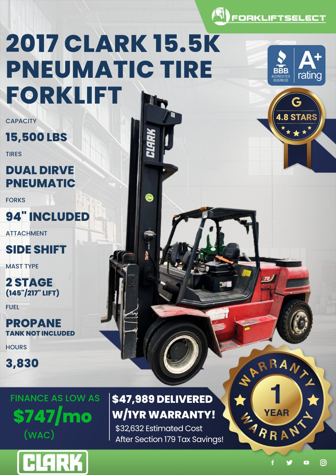 2017 Clark 15.5K Pneumatic Tire For...