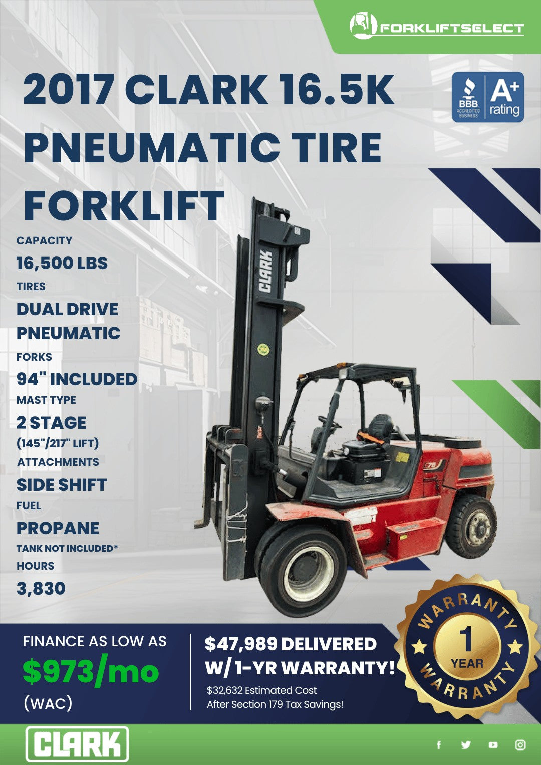 2017 Clark 16.5K Pneumatic Tire For...
