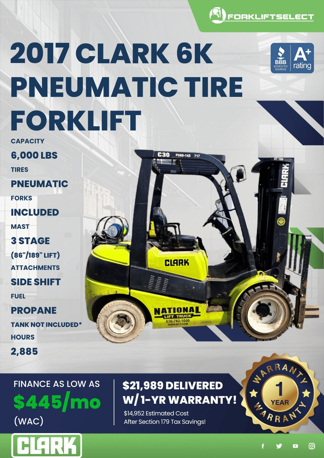 2017 Clark 6K Pneumatic Tire Forkli...