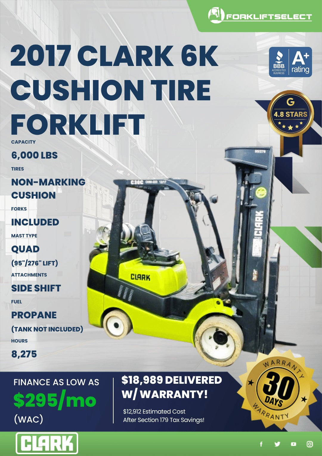 2017.0 Clark 6K Cushion Tire Forkli...