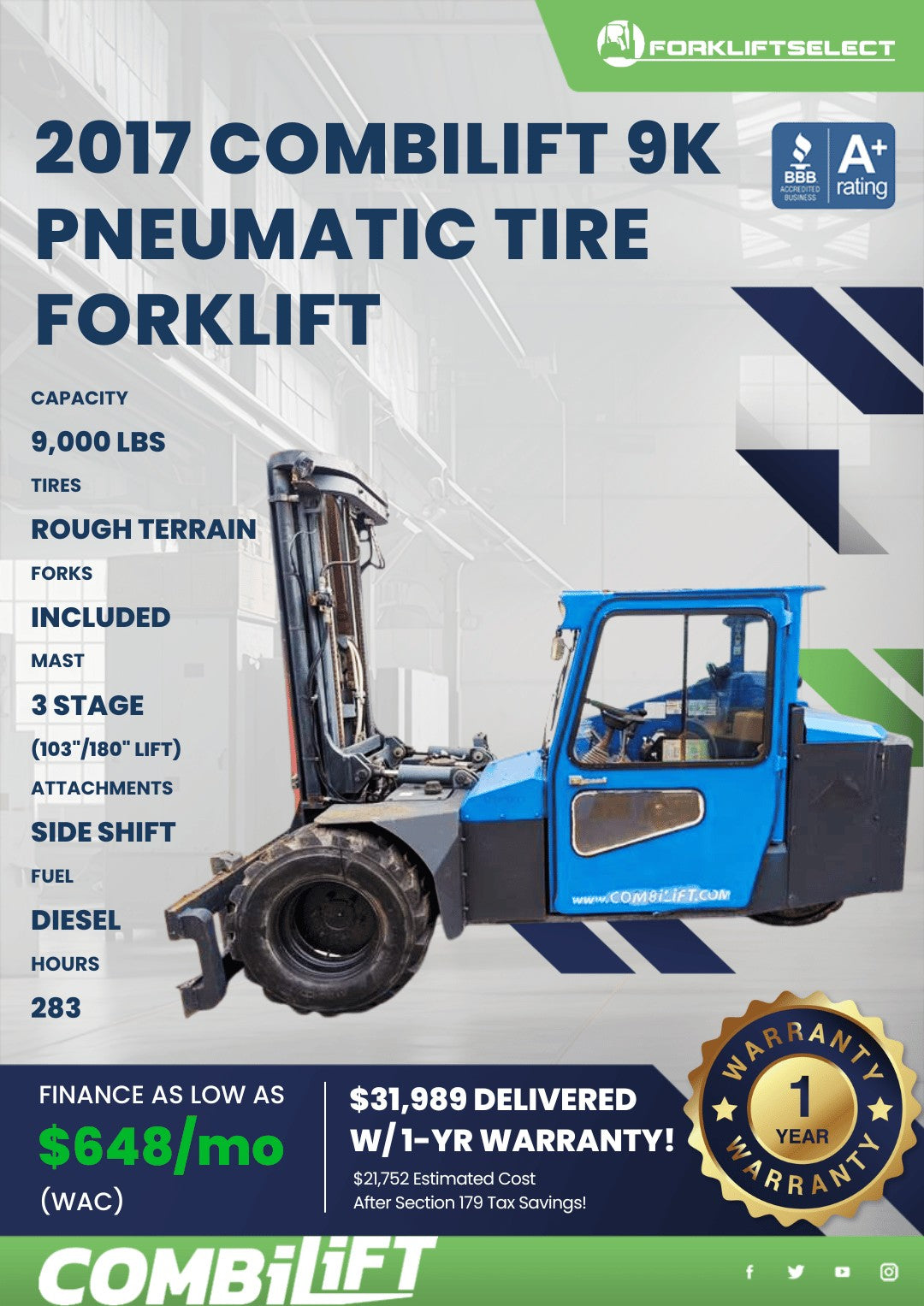 2017 Combilift 9K Pneumatic Tire Fo...
