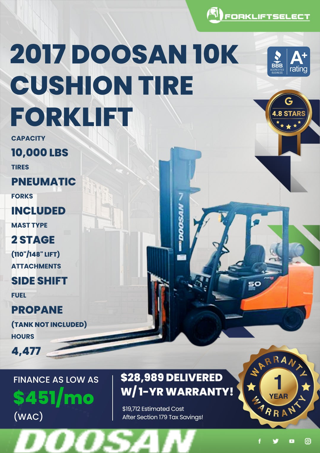 2017 Doosan 10K Pneumatic Tire Fork...