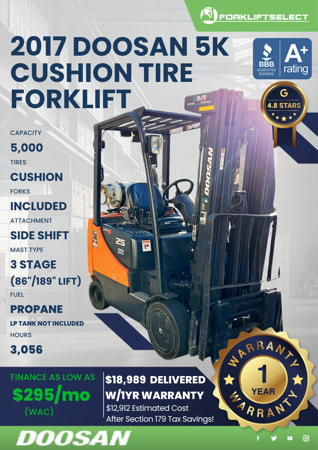 2017 Doosan 5K Cushion Tire Forklif...