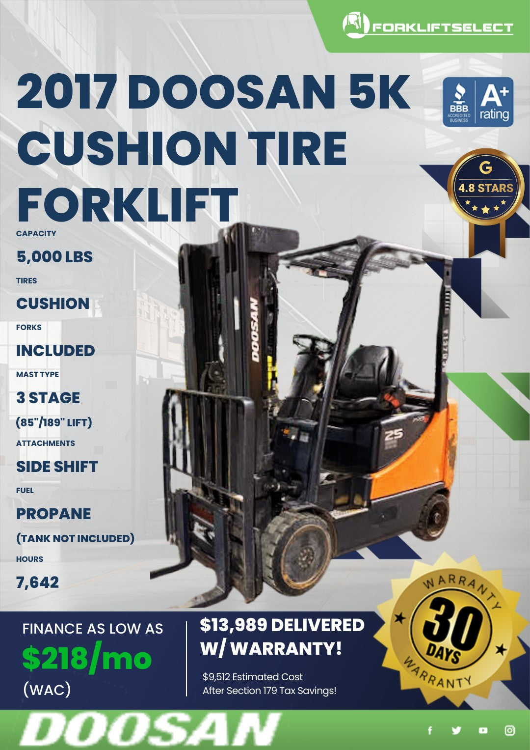 2017.0 Doosan 5K Cushion Tire Forkl...