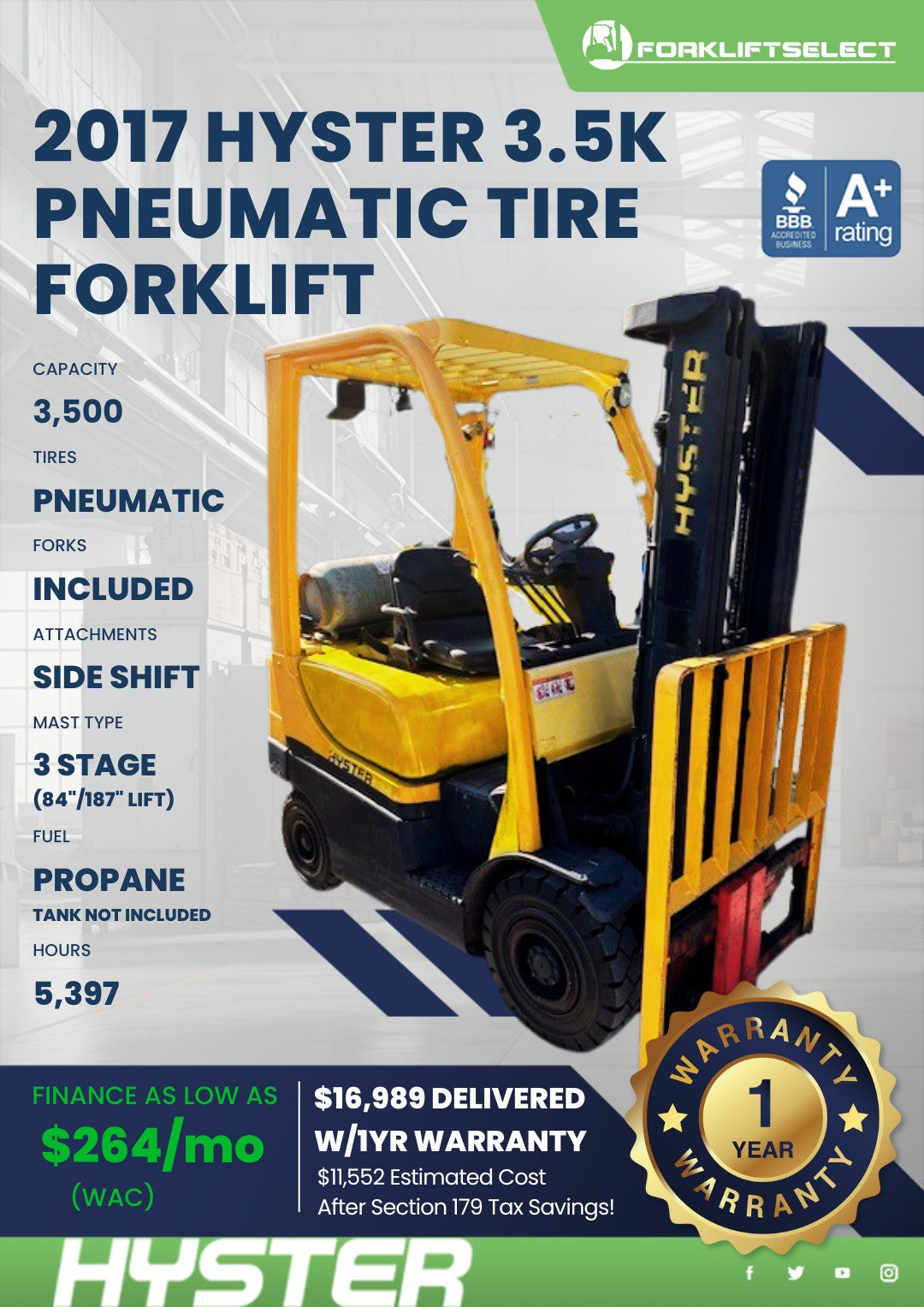 2017 Hyster 3.5K Pneumatic Tire For...