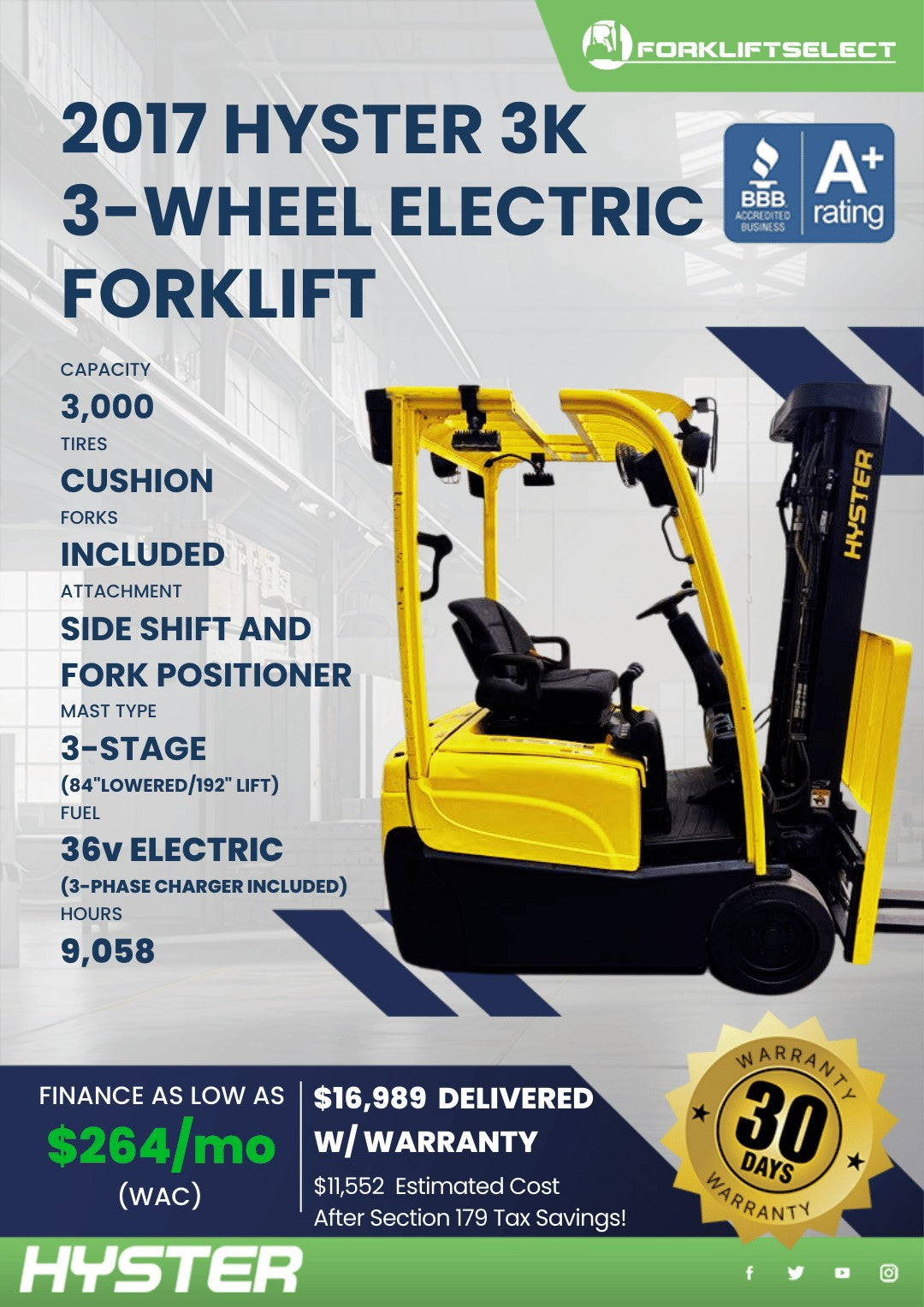 2017.0 Hyster 3K Cushion Tire Forkl...