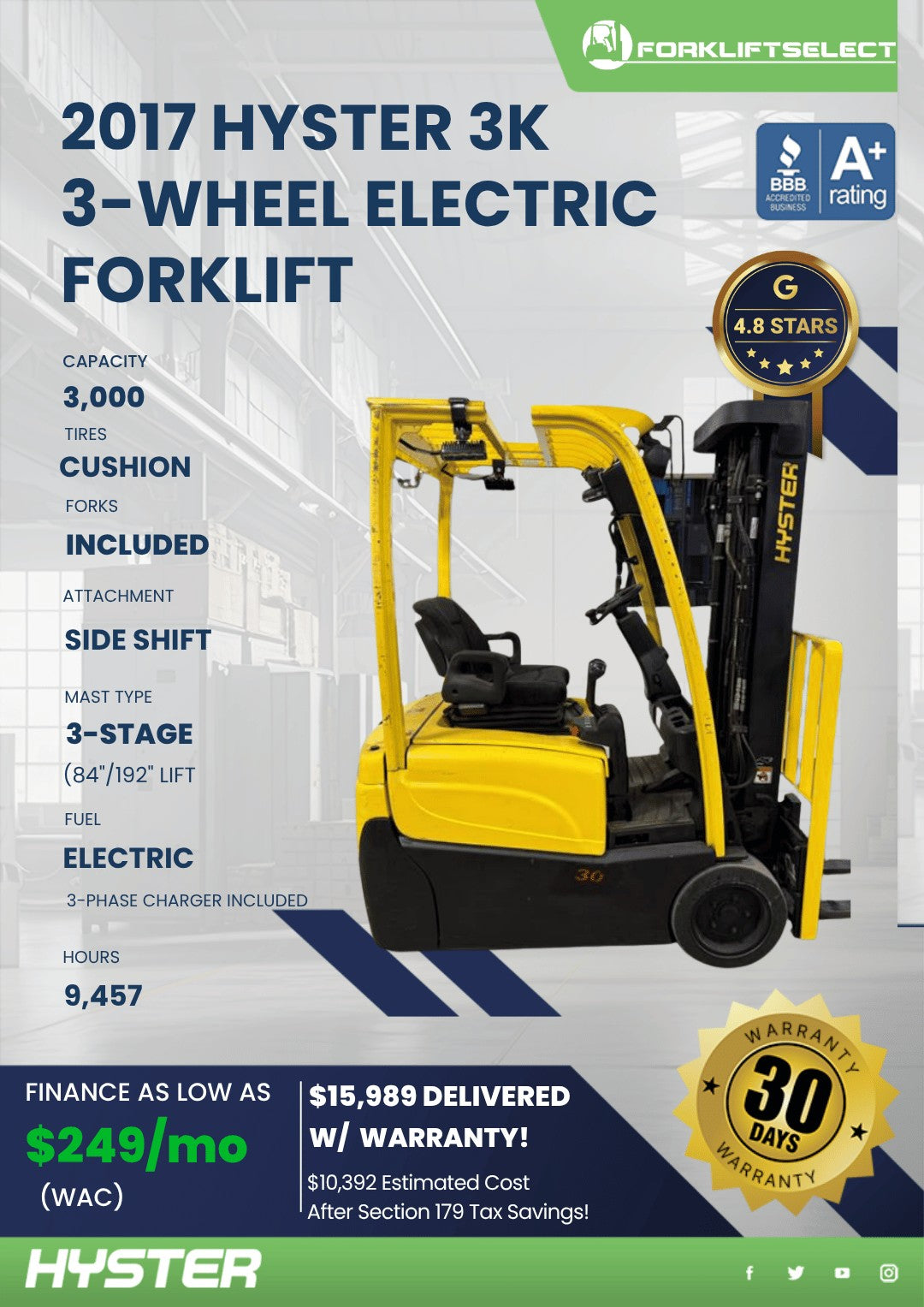 2017 Hyster 3K Cushion Tire 3-Wheel...