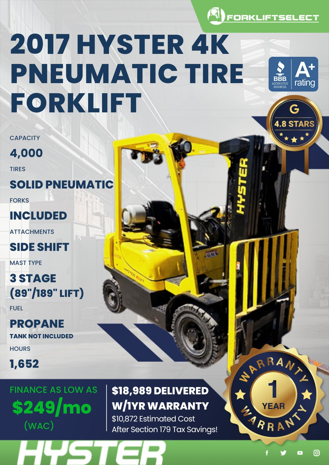 2017 Hyster 4K Pneumatic Tire Forkl...