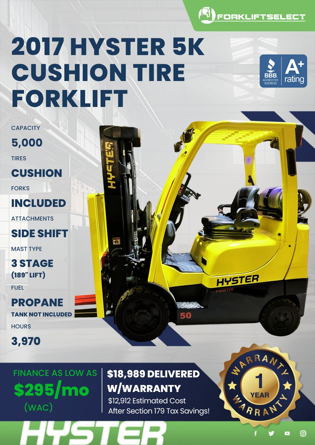 2017 Hyster 5K Cushion Tire Forklif...