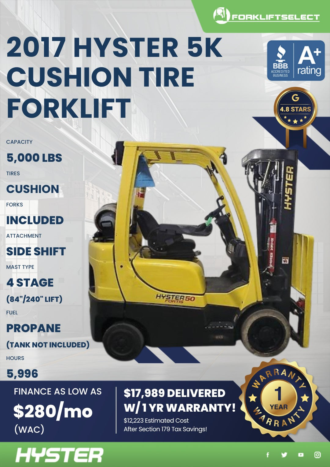 2017 Hyster 5K Cushion Tire Forklif...