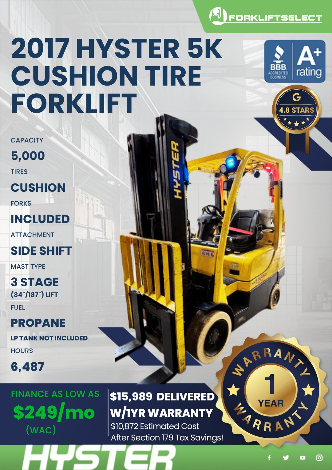 2017 Hyster 5K Cushion Tire Forklif...