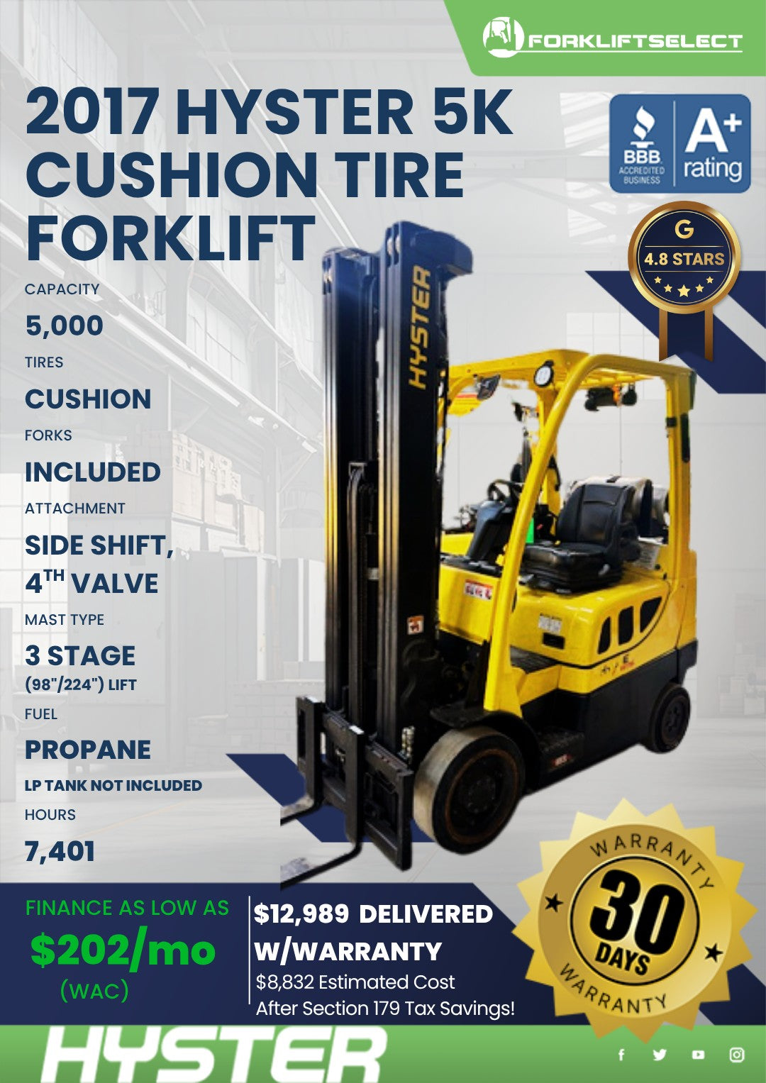 2017 Hyster 5K Cushion Tire Forklif...