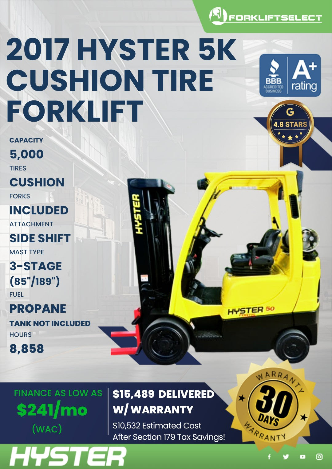 2017.0 Hyster 5K Cushion Tire Forkl...