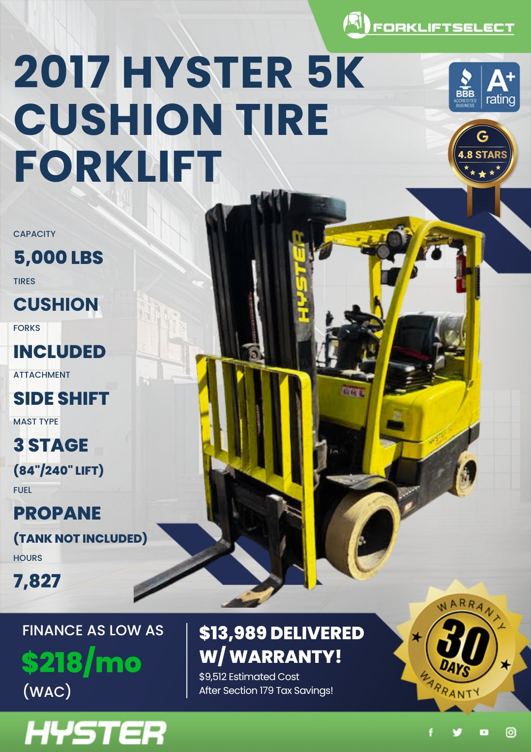 2017.0 Hyster 5K Cushion Tire Forkl...