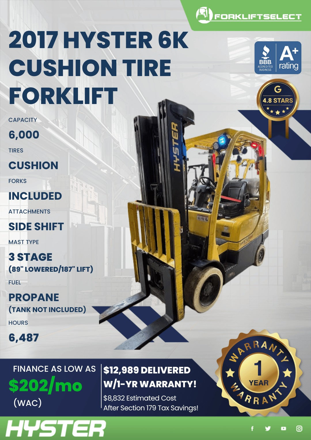 2017 Hyster 6K Cushion Tire Forklif...