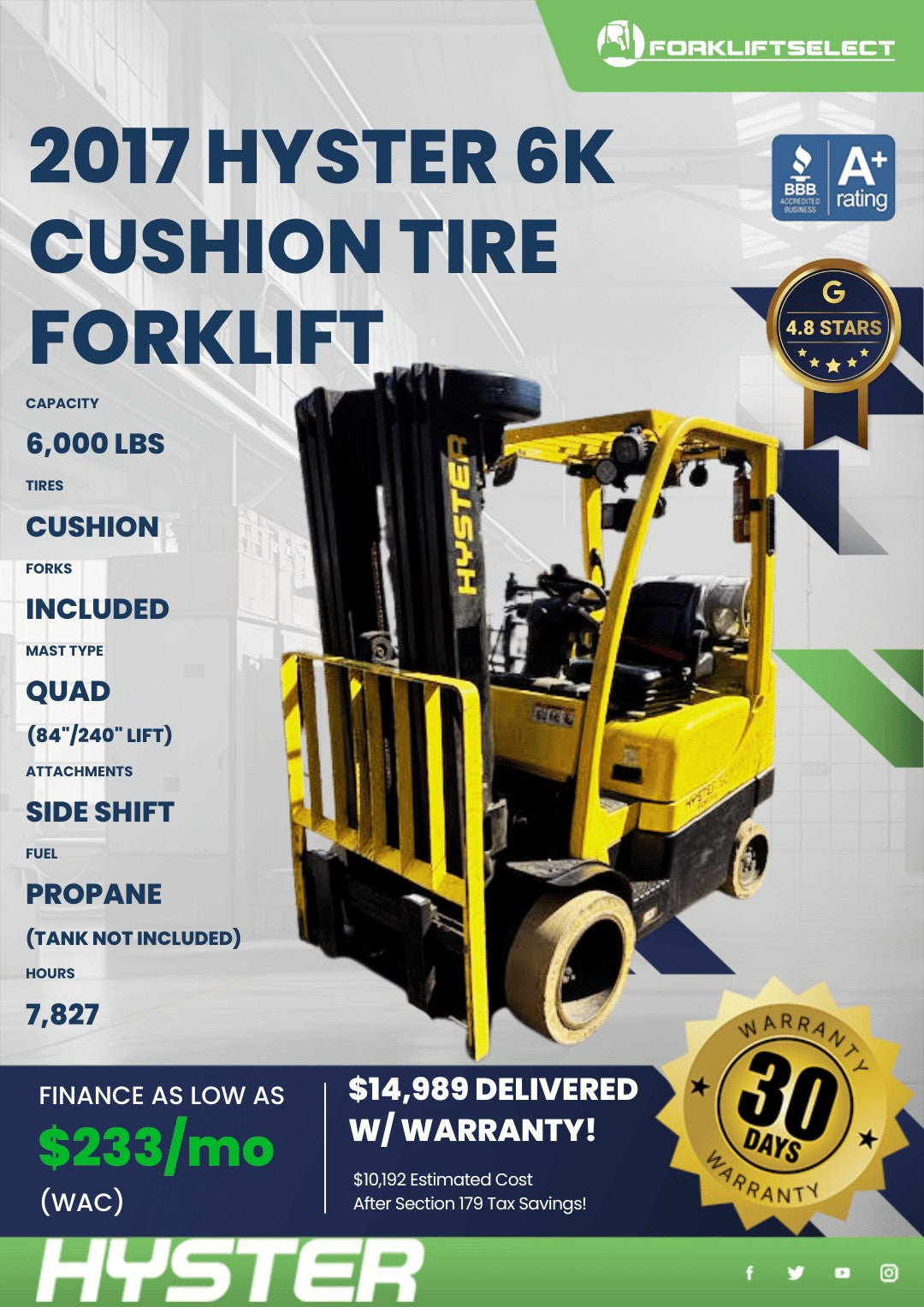 2017 Hyster 6K Cushion Tire Forklif...