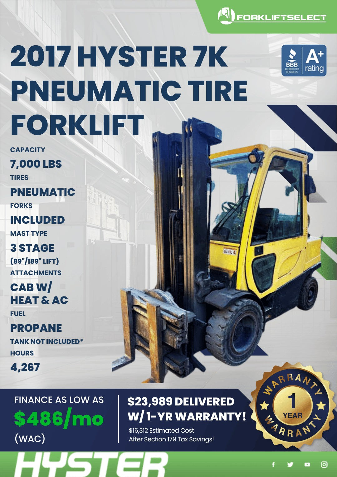 2017 Hyster 7K Pneumatic Tire Forkl...