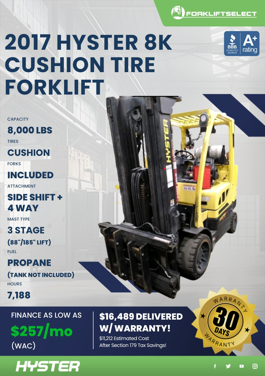 2017 Hyster 8K Cushion Tire Forklif...