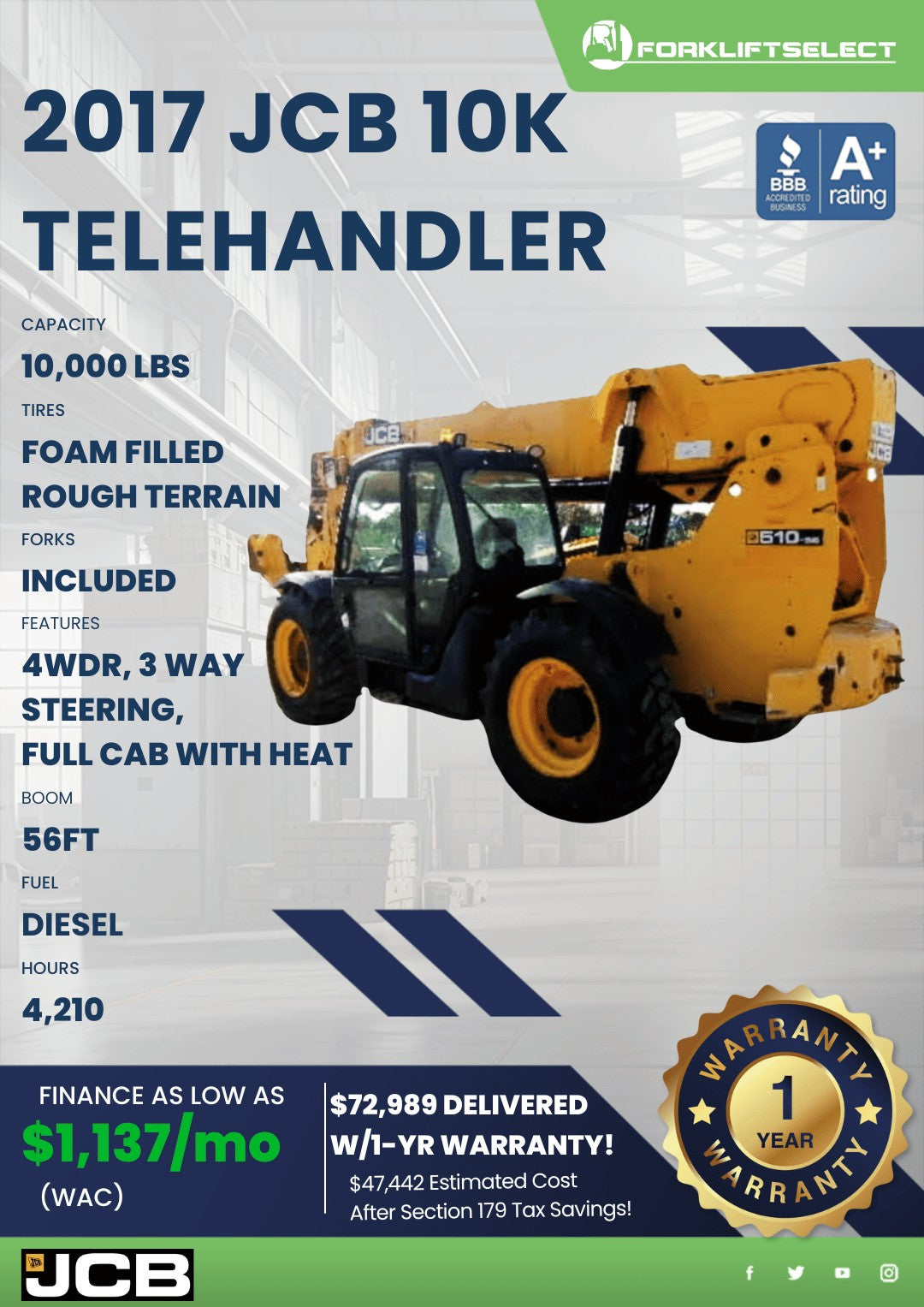 2017 JCB 10K Rough Terrain Telehand...