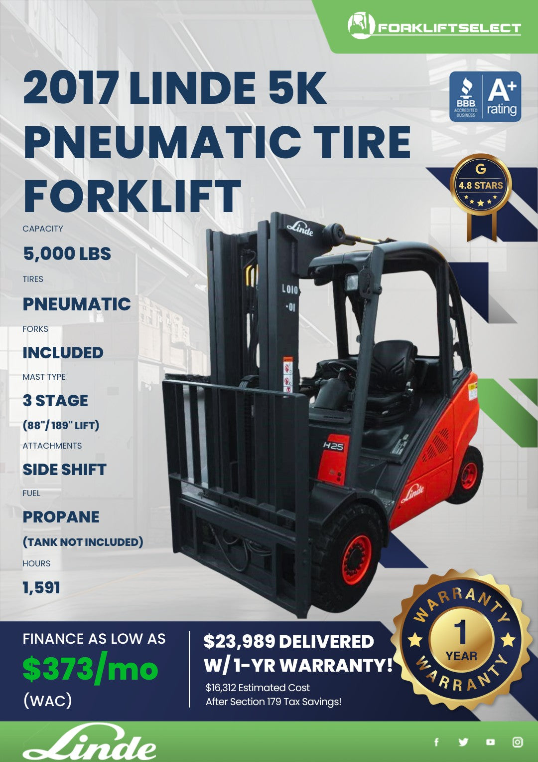 2017.0 Linde 5K Pneumatic Tire Forklift