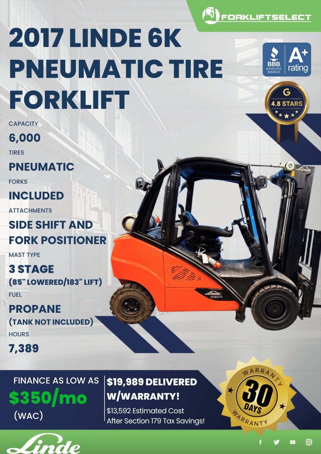 2017 Linde 6K Pneumatic Tire Forkli...