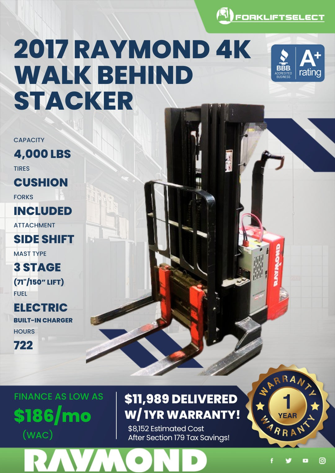 2017 Raymond 4K Walk Behind Stacker...
