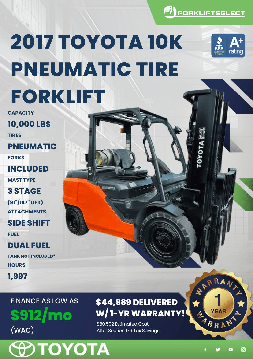 2017 Toyota 10K Pneumatic Tire Fork...