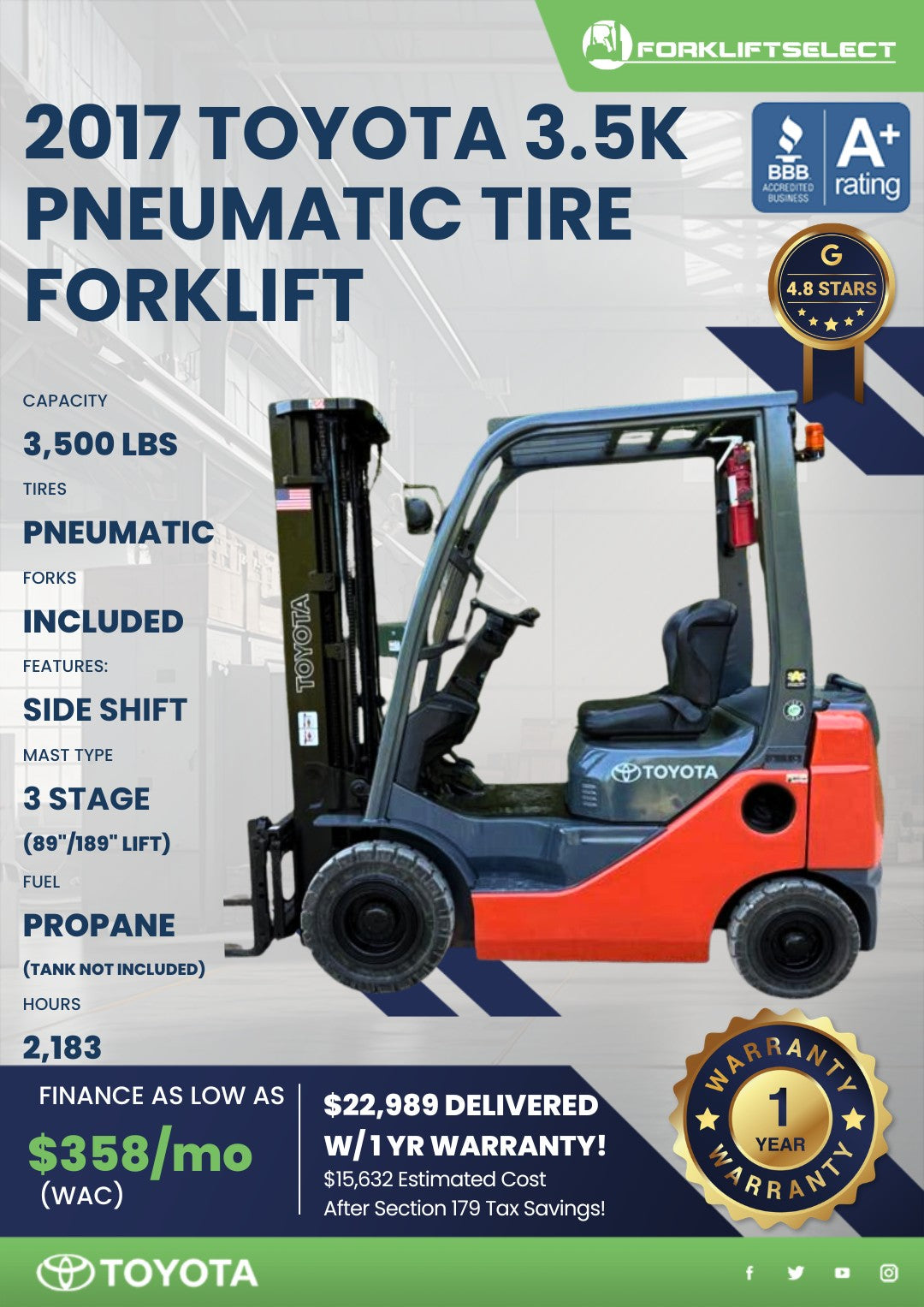 2017 Toyota 3.5K Pneumatic Tire For...