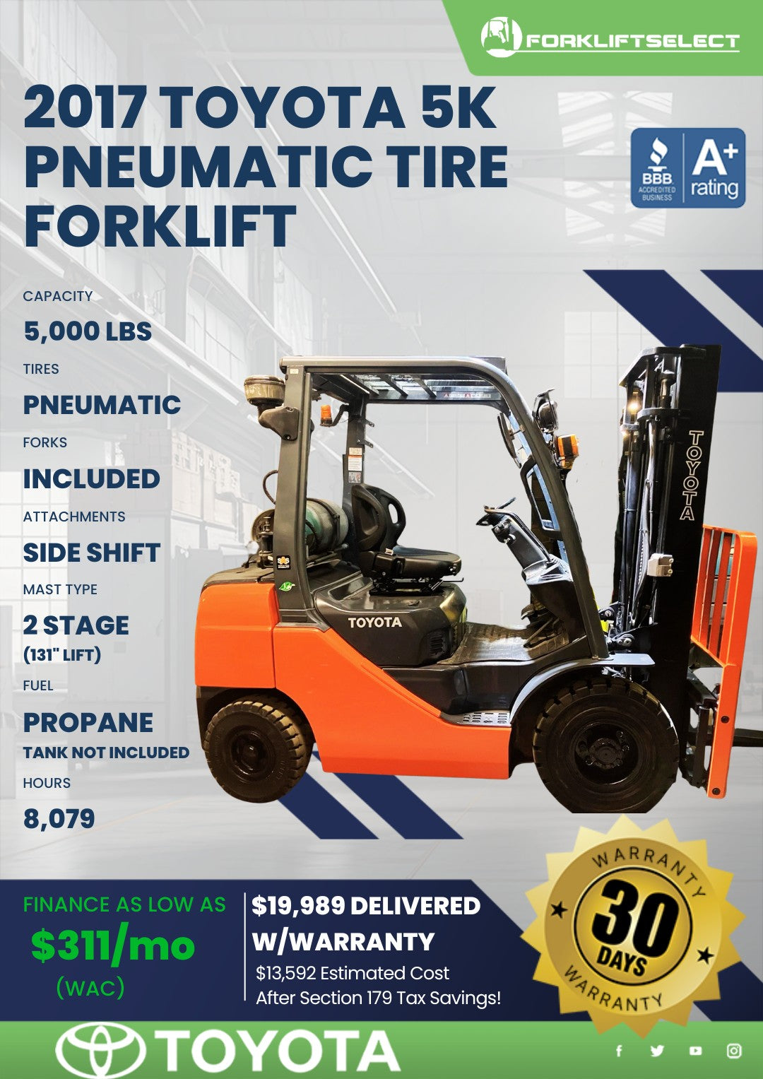 2017 Toyota 5K Pneumatic Tire Forkl...