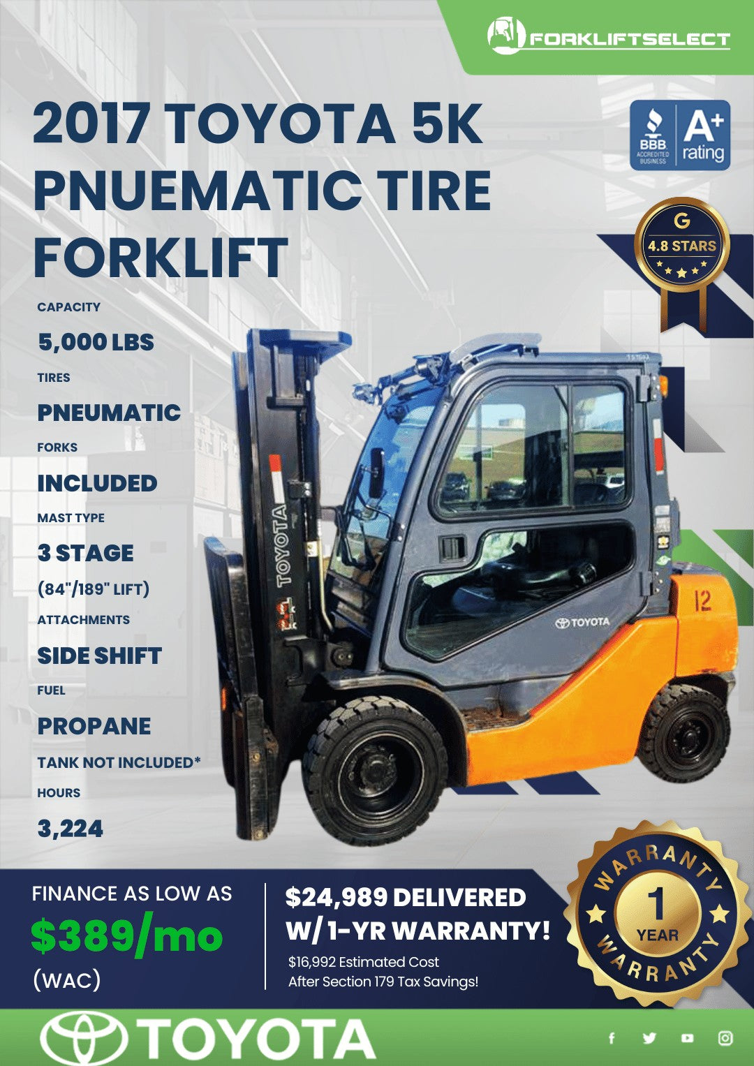 2017 Toyota 5K Pneumatic Tire Forkl...