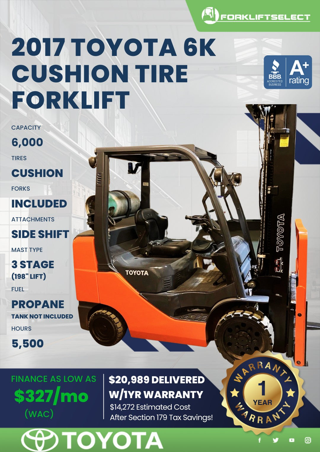 2017 Toyota 6K Cushion Tire Forklif...
