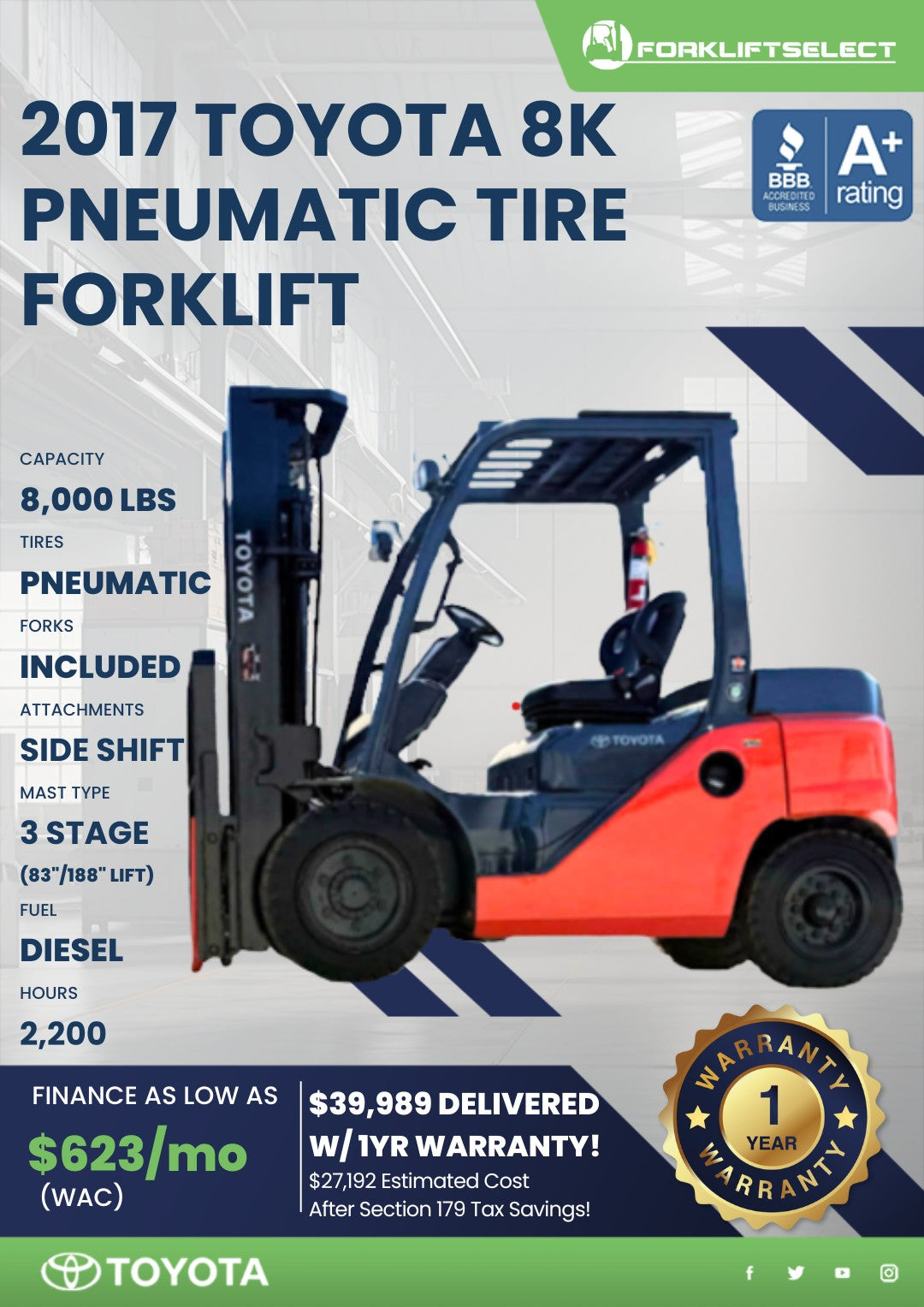 2017 Toyota 8K Pneumatic Tire Forkl...
