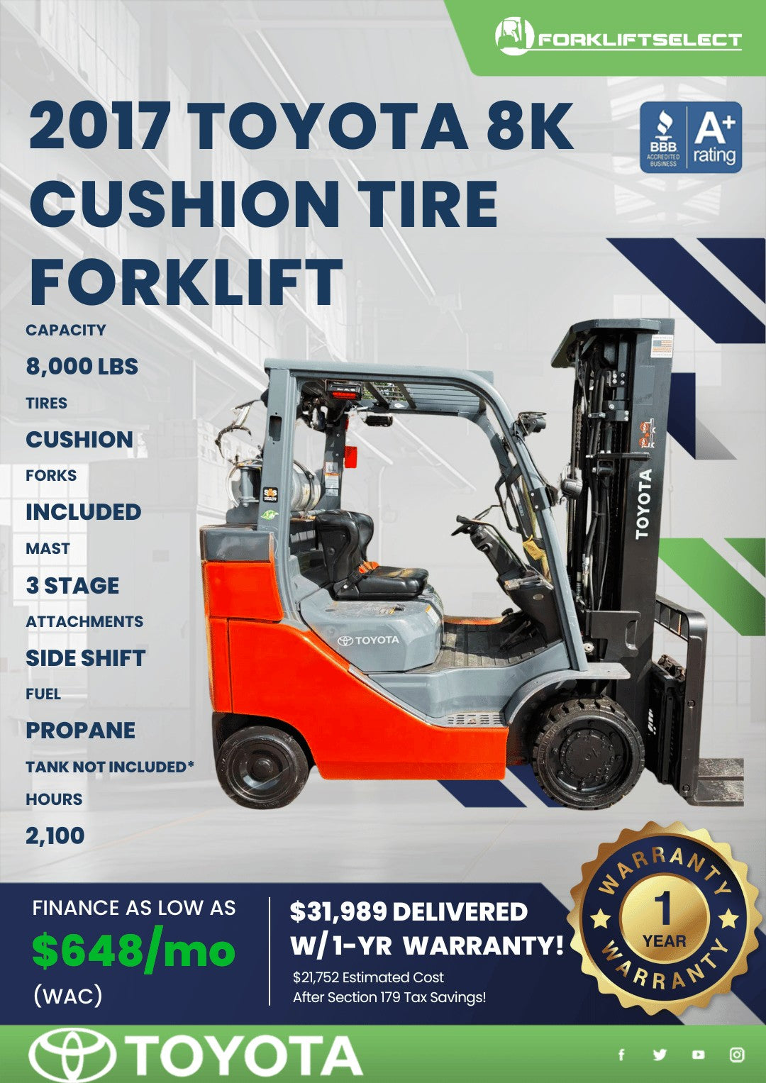2017 Toyota 8K Cushion Tire Forklif...