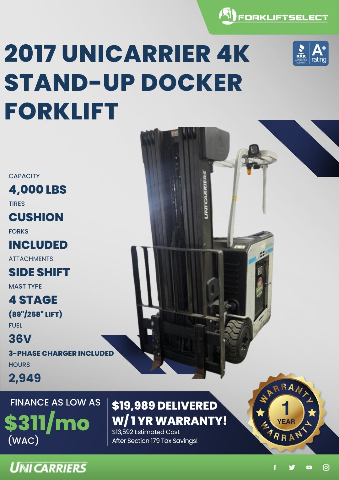 2017 UniCarriers 4K Cushion Stand-U...