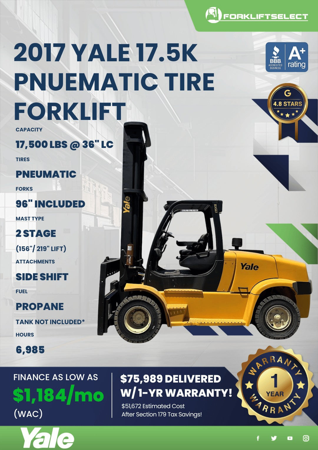 2017 Yale 18K Pneumatic Tire Forkli...
