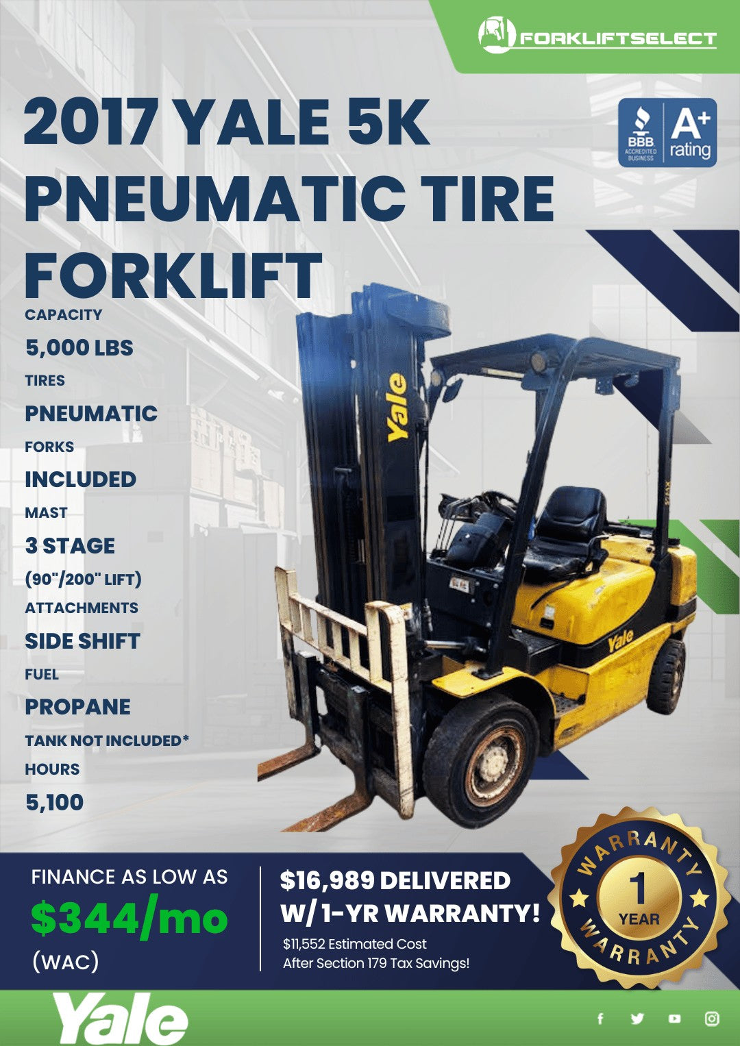 2017 Yale 5K Pneumatic Tire Forklif...