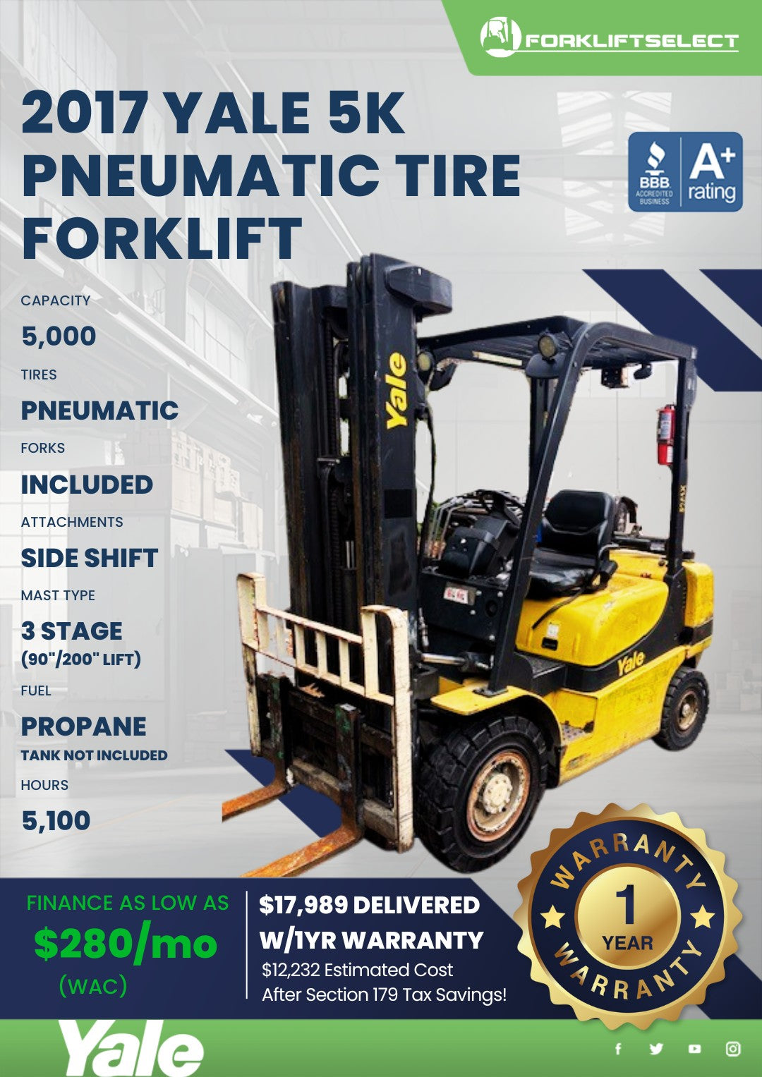 2017 Yale 5K Pneumatic Tire Forklif...