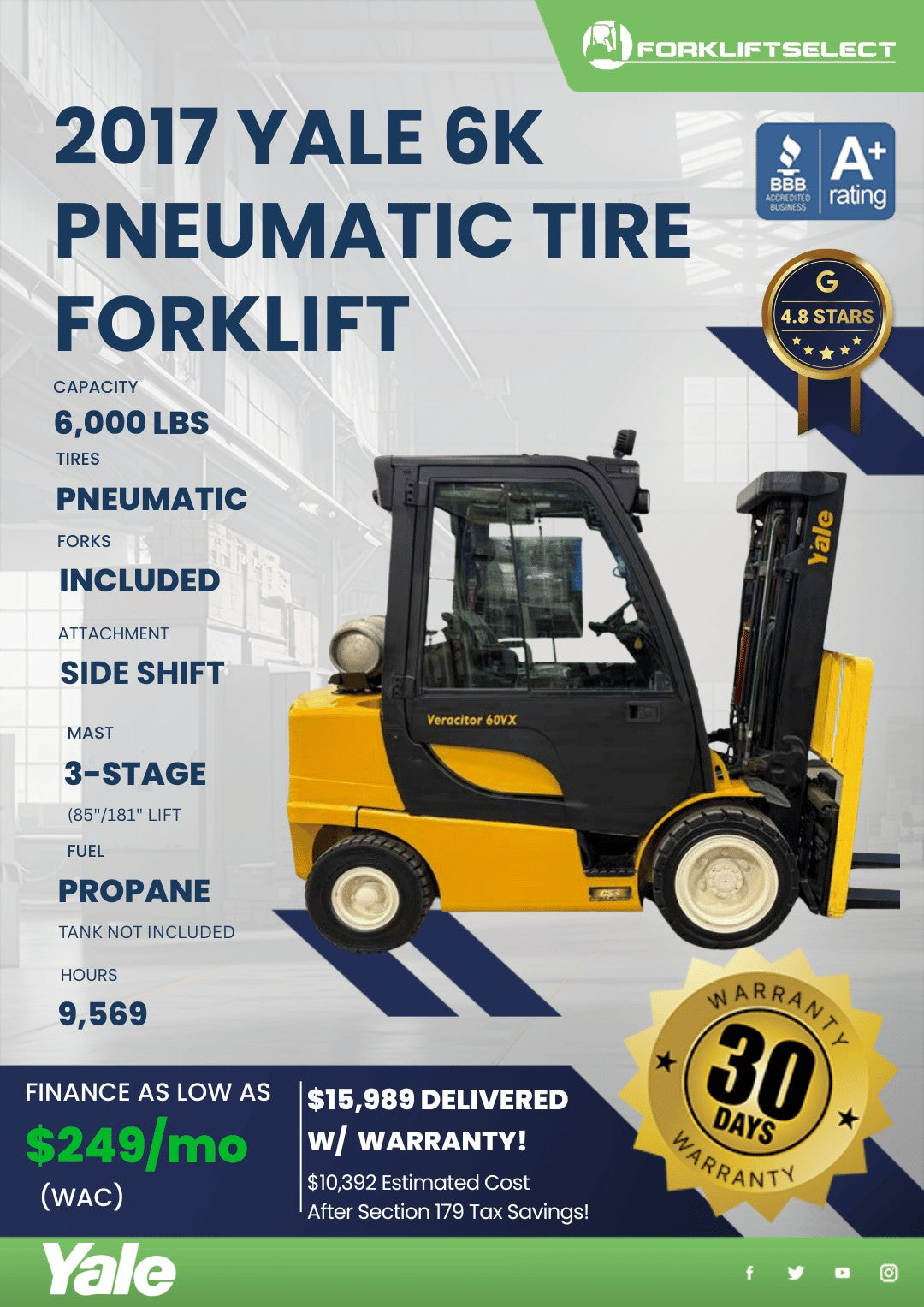 2017 Yale 6K Pneumatic Tire Forklif...