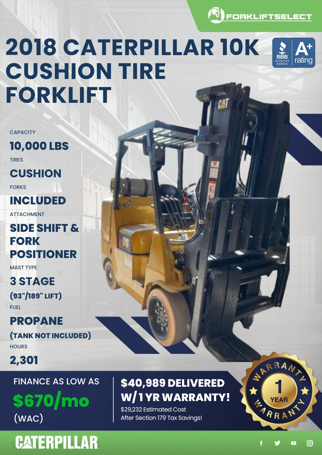 2018 Caterpillar 10K Cushion Tire F...