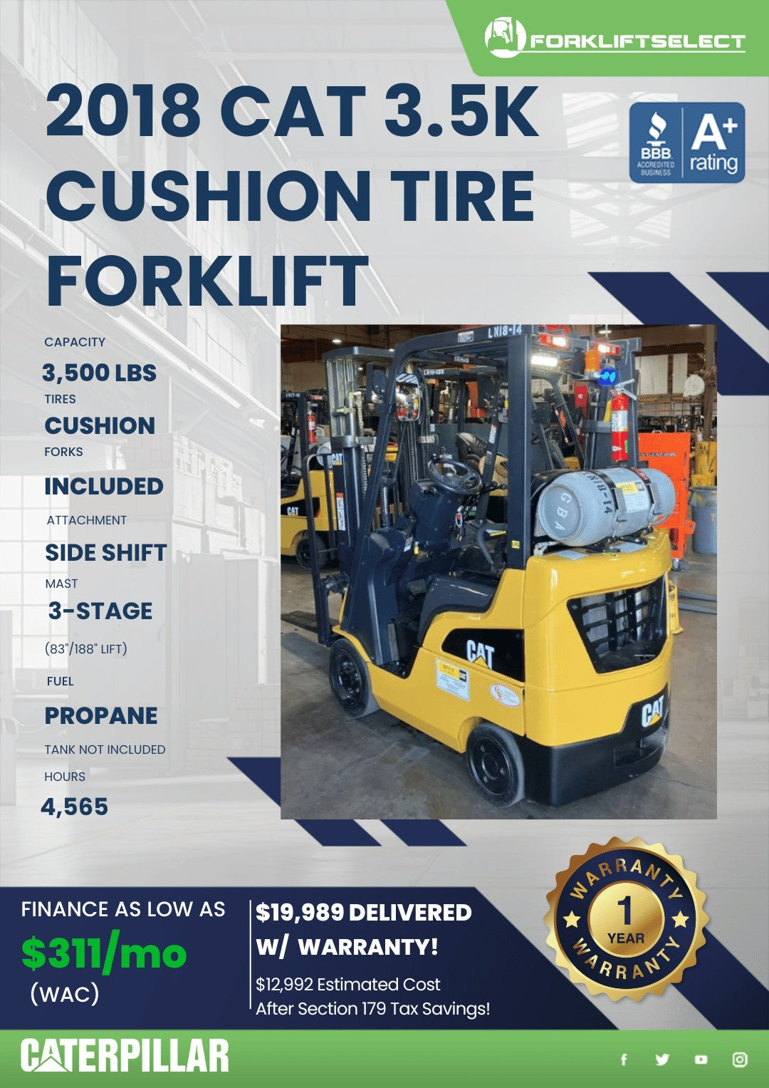 2018 CAT 4K Cushion Tire Forklift