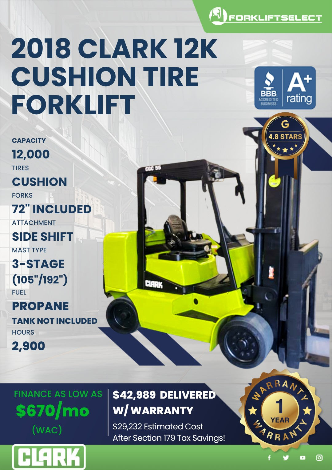 2018 Clark 12K Cushion Tire Forklif...