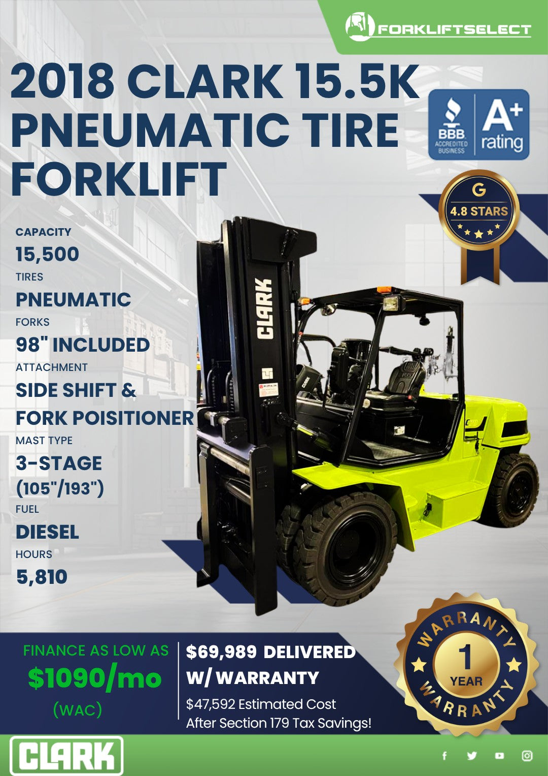 2018 Clark 15.5K Pneumatic Tire For...