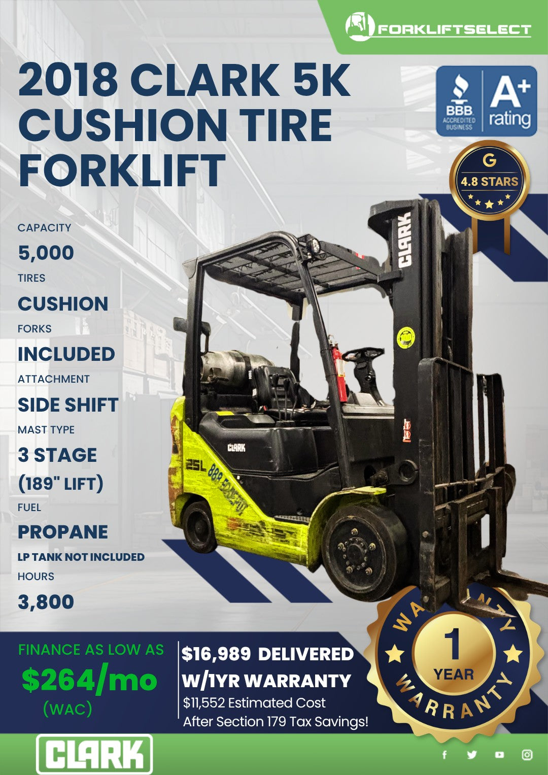 2018 Clark 5K Cushion Tire Forklift...