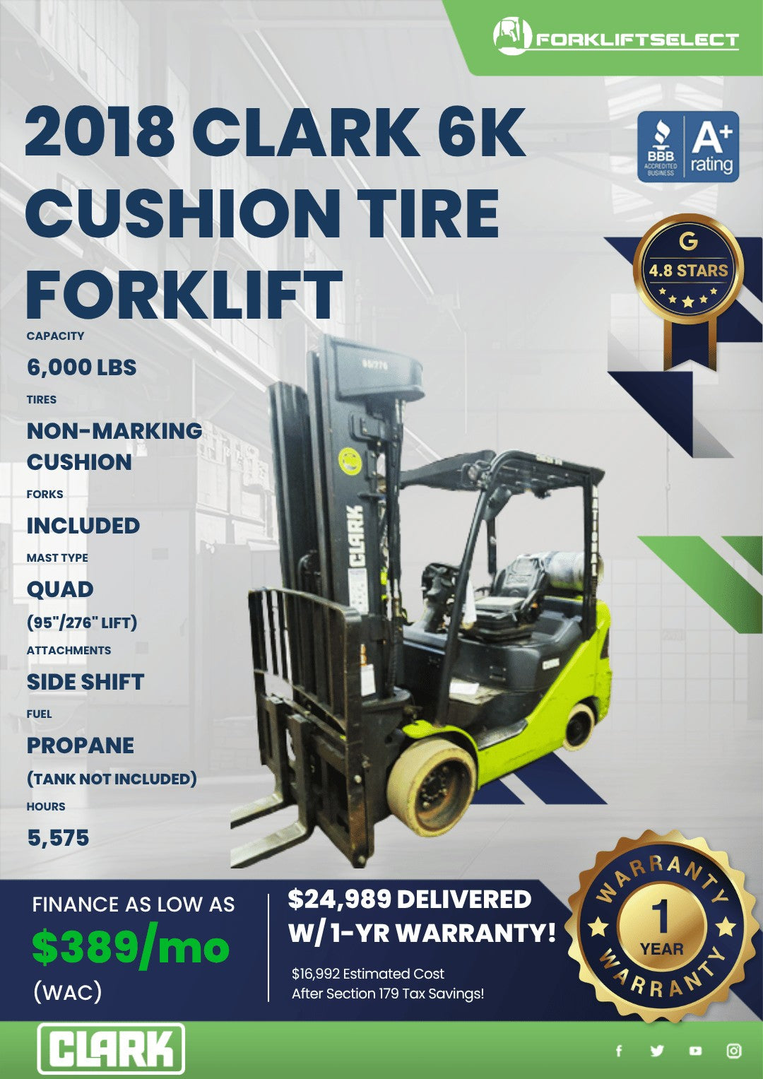 2018.0 Clark 6K Cushion Tire Forkli...