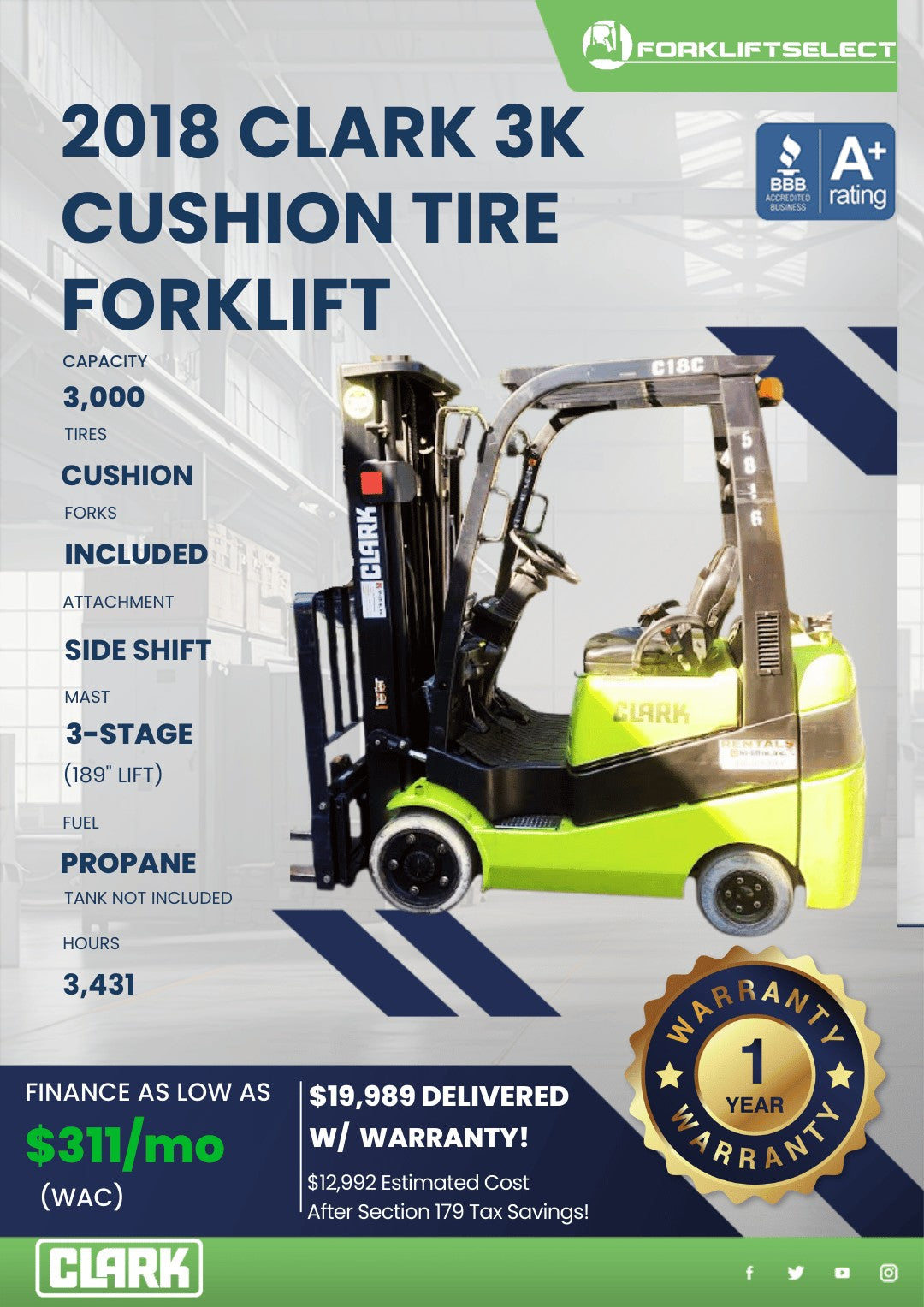 2018 Clark 3K Cushion Tire Forklift...