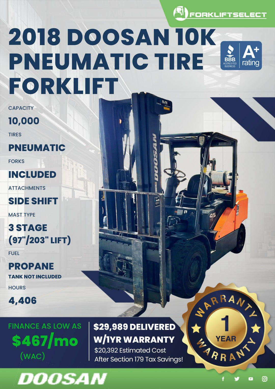 2018.0 Doosan 10K Pneumatic Tire Fo...