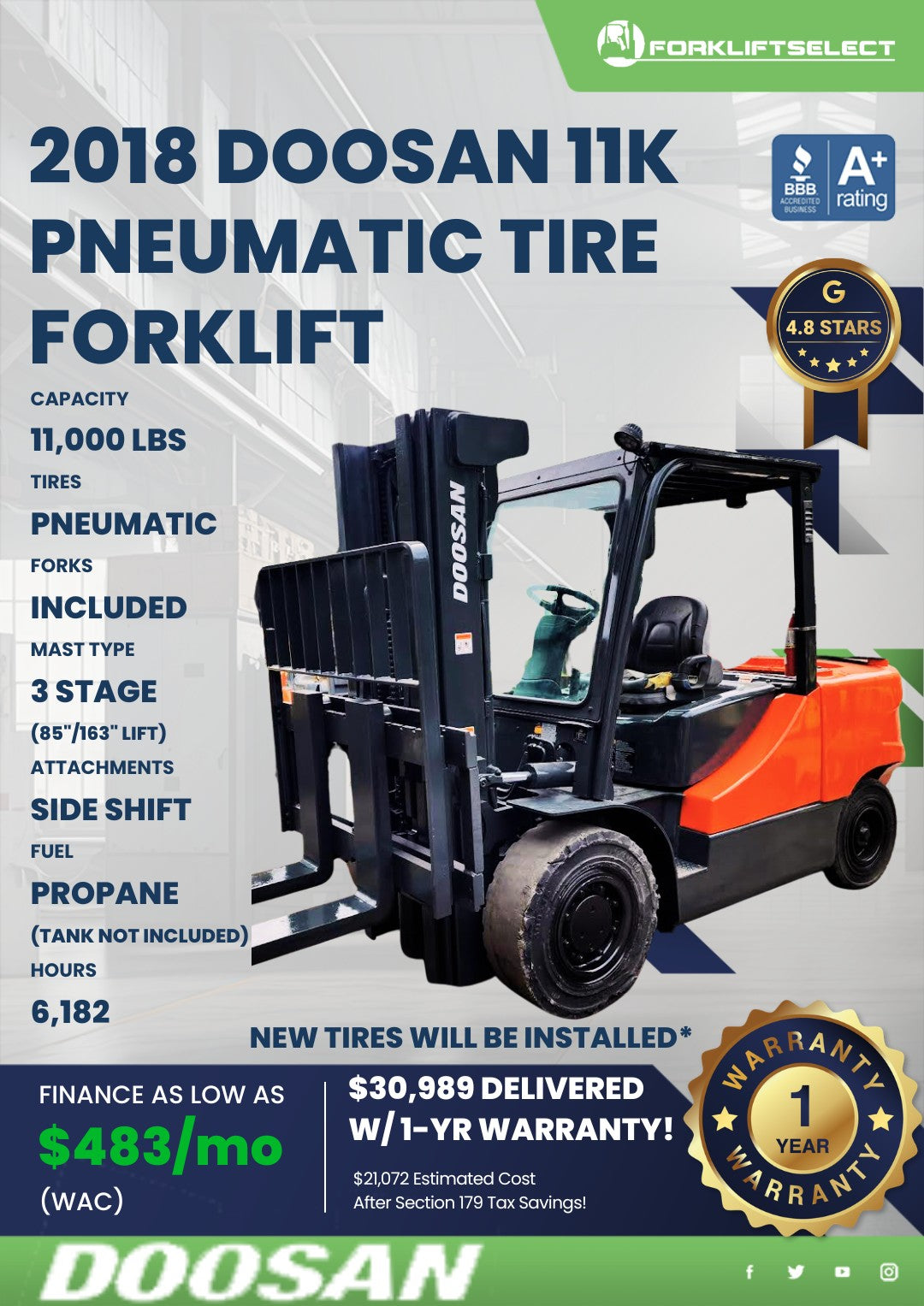 2018 Doosan 11K Pneumatic Tire Fork...