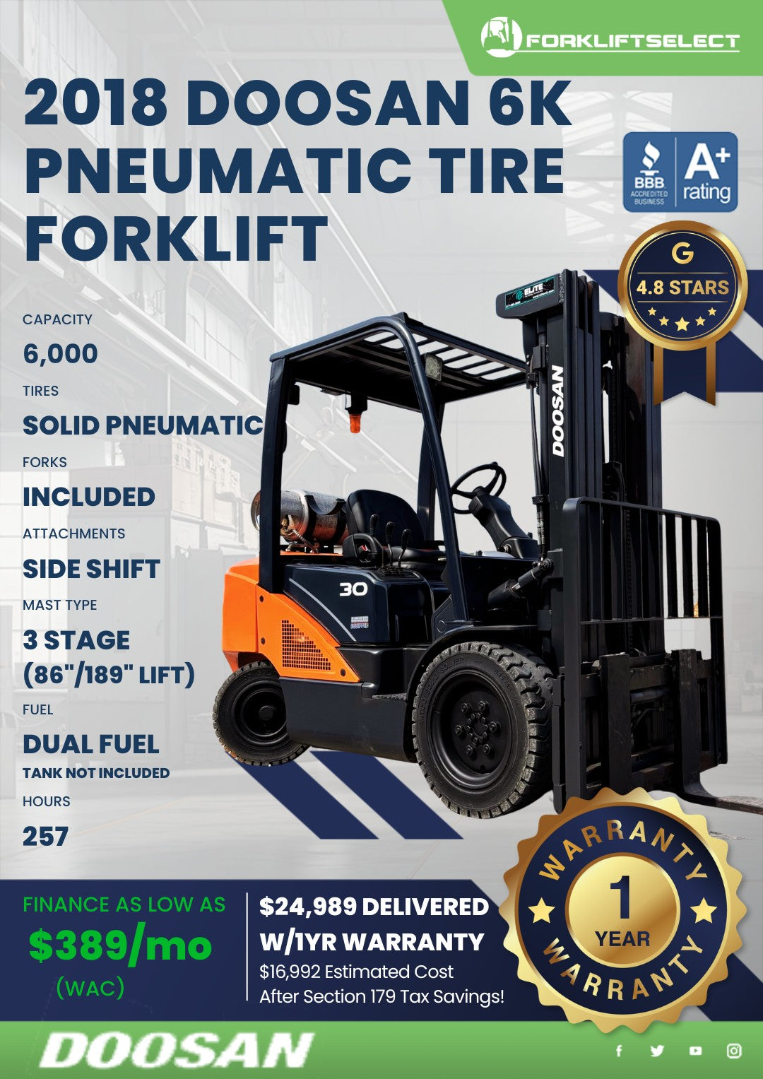 2018 Doosan 6K Pneumatic Tire Forkl...