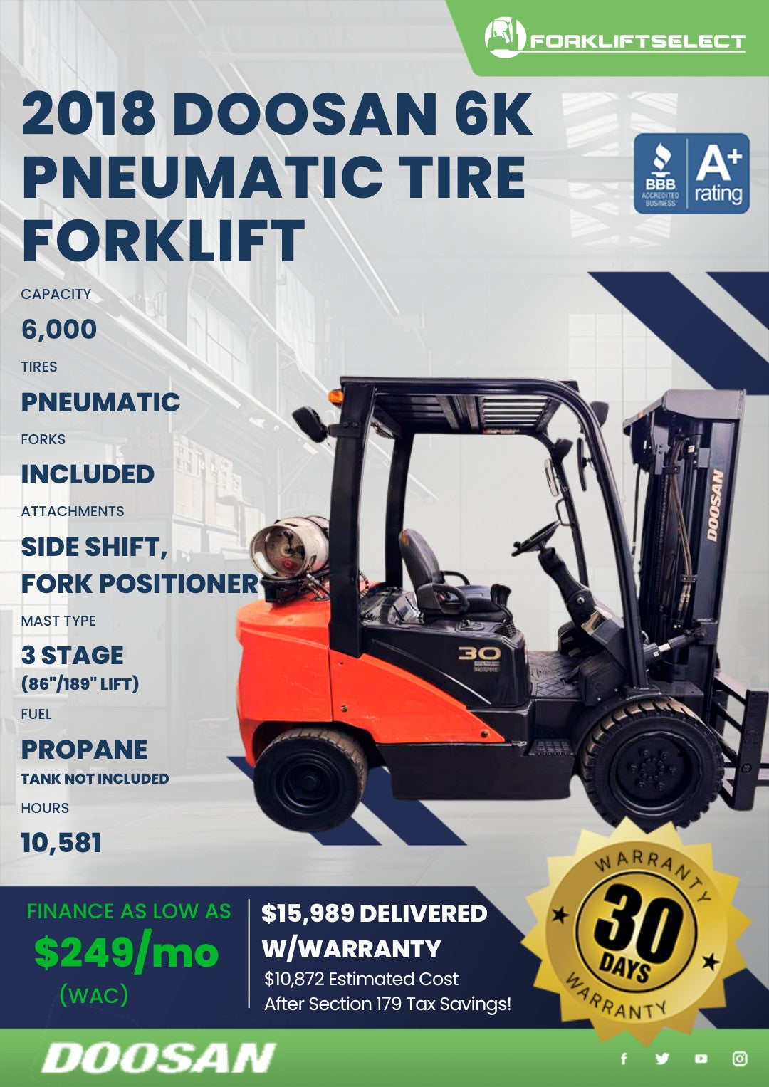 2018 Doosan 6K Pneumatic Tire Forkl...